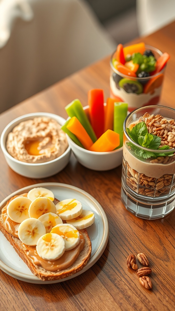 A colorful array of easy 5-minute snacks including peanut butter banana toast, hummus with veggies, yogurt parfait, and mixed nuts.